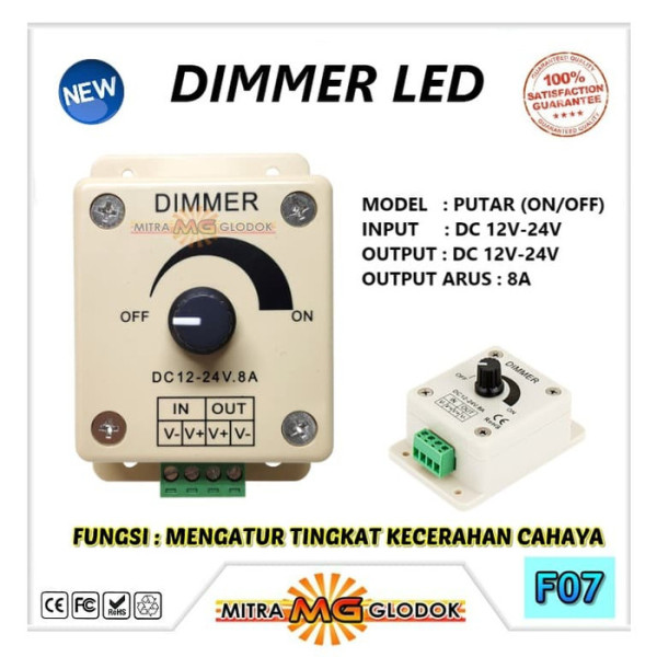 Dimmer LED DC 12V - 24V 8A Pengatur Tingkat Cahaya Model Putar LED Strip / Rigid / Bar Dimmer LED DC 12V - 24V 8A Pengatur Tingkat Cahaya Model Putar LED Strip / Rigid / Bar